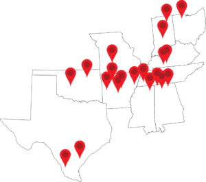 Map of 19 locations in red